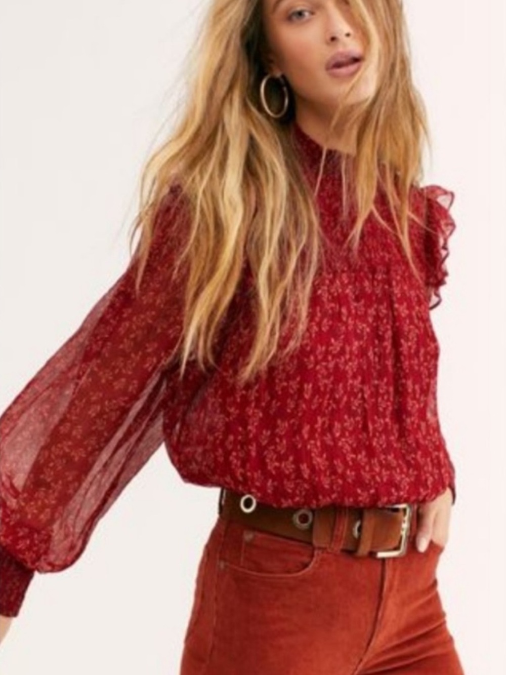 Free People Roma ditsy floral sheer red long sleeve top XS